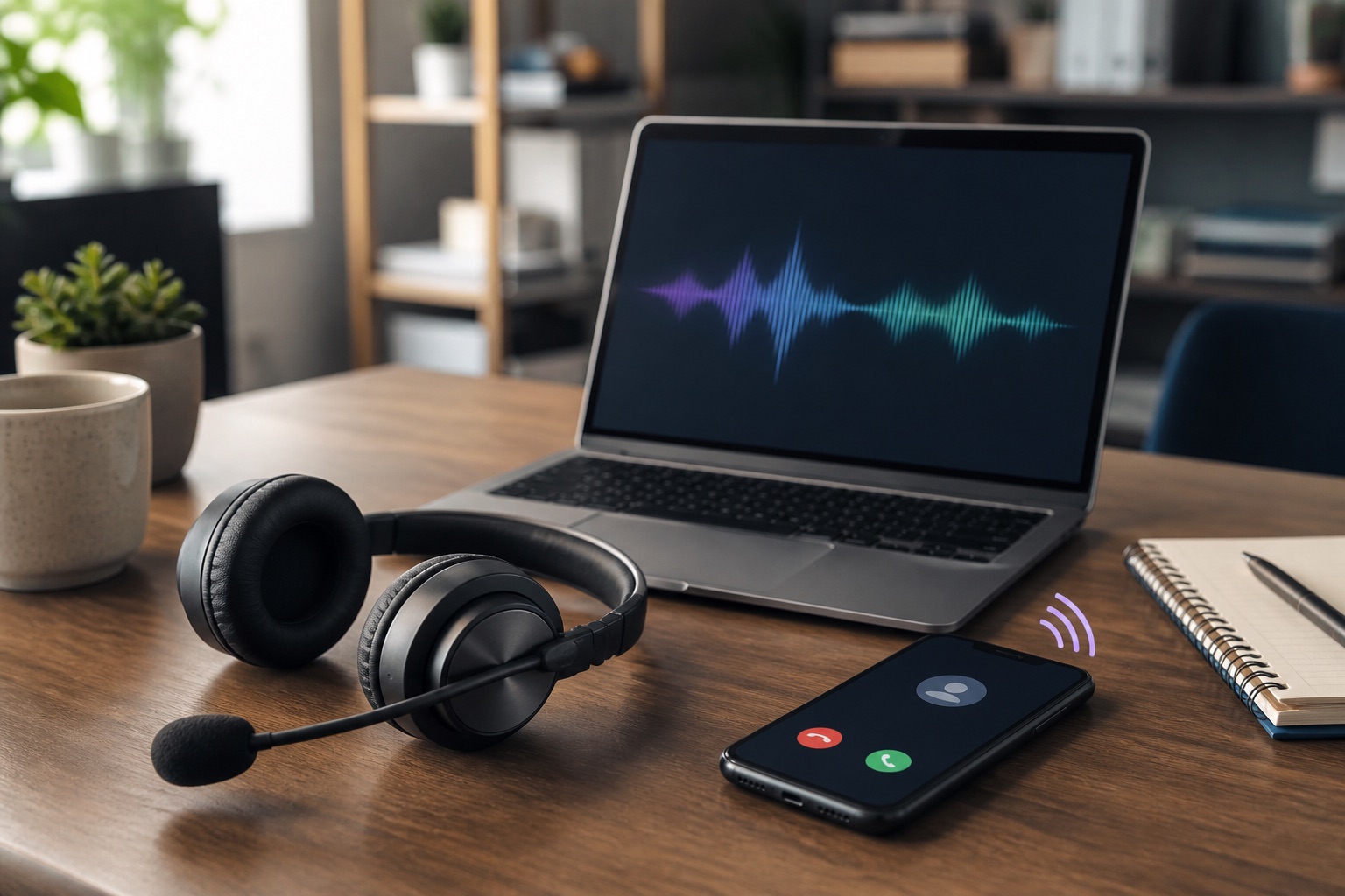 A headset and ringing phone beside an audio transcript on a laptop