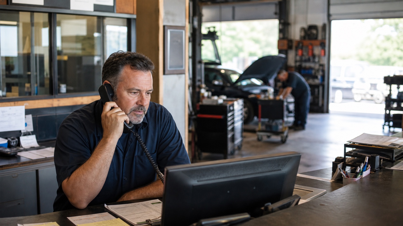 An auto repair manager answering a customer call in the workshop