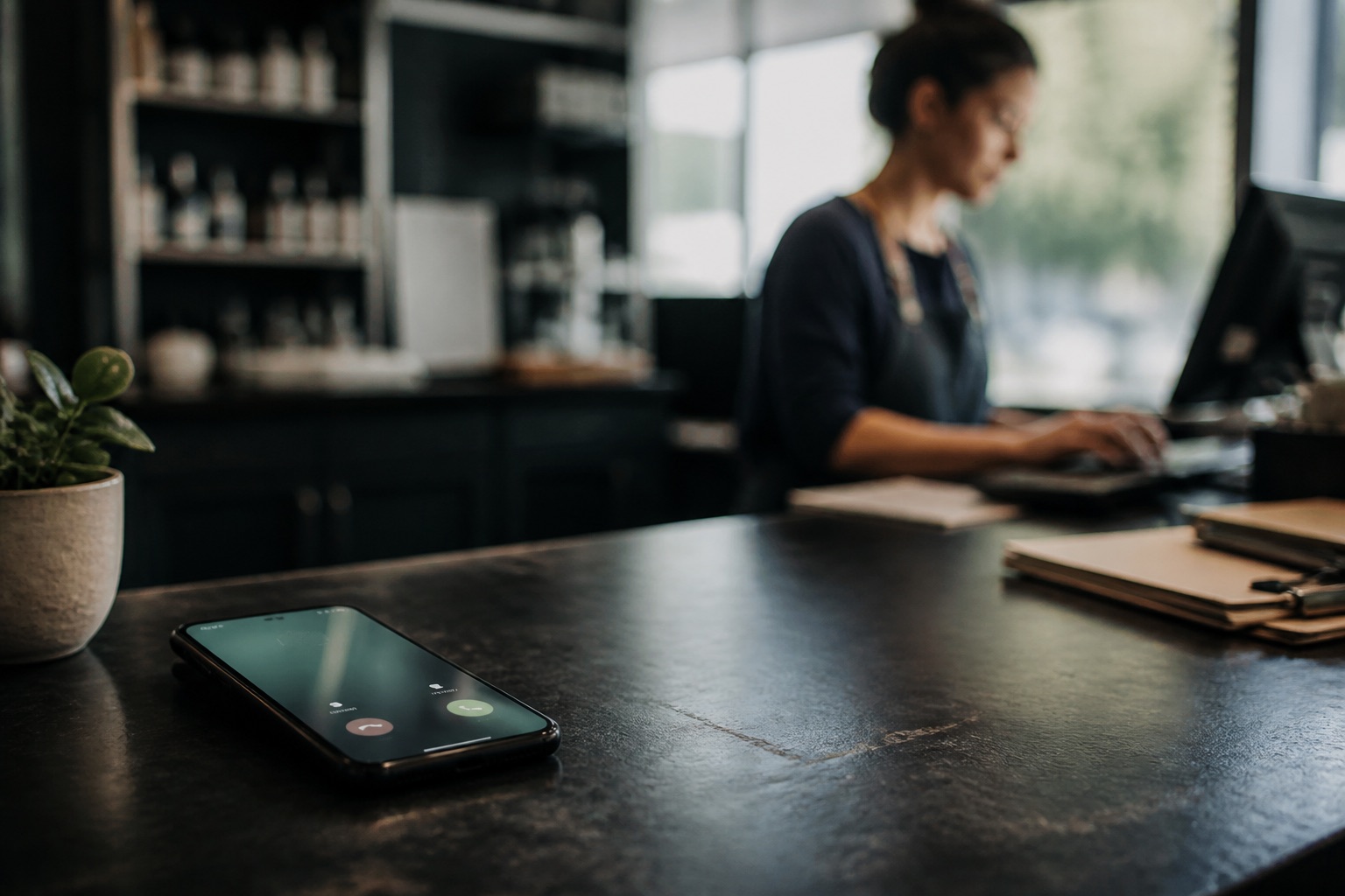 A phone ringing on a small-business counter while the owner works nearby